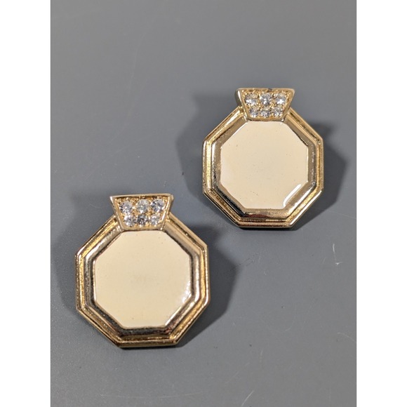 Estate Jewelry - Vintage Gold Tone Octagon Earrings Cream Enamel Rhinestone Geometric (READ)